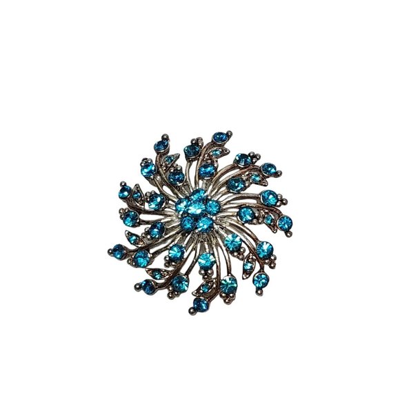 Vintage Turquoise Rhinestone Crystal Flower Swirl Blue Pin Brooch - Picture 5 of 16